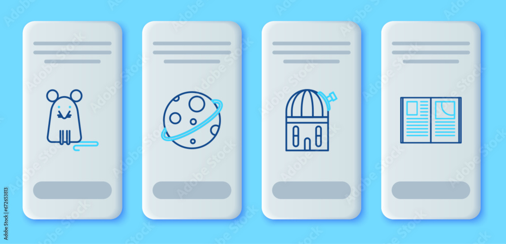Set line Planet, Astronomical observatory, Rat and Open book icon. Vector