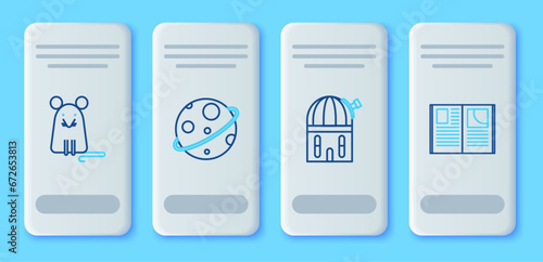 Set line Planet, Astronomical observatory, Rat and Open book icon. Vector