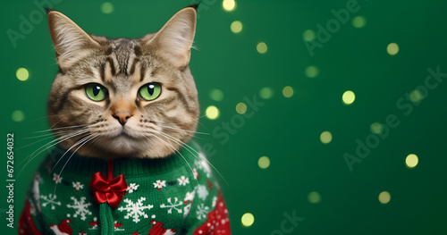 Cute cat in a Christmas sweater on a green background photo