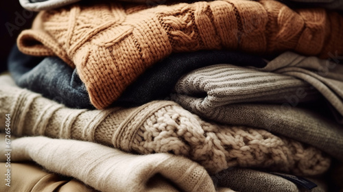 Cozy Stack of Warm Knitted Sweaters in Neutral Tones for Cold Weather Comfort © AI Factory