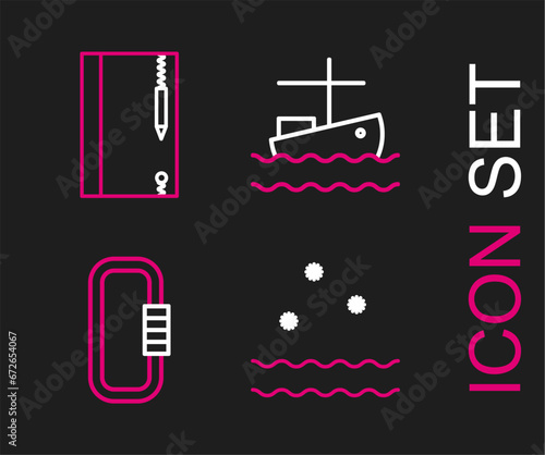Set line Cold and waves, Carabiner, Fishing boat on water and Underwater note book pencil icon. Vector