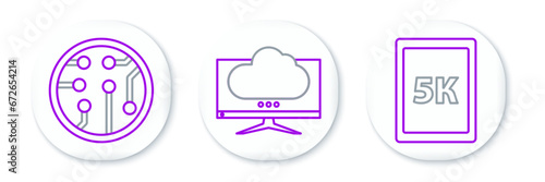 Set line Tablet with text 5k, Processor and Computer monitor screen icon. Vector