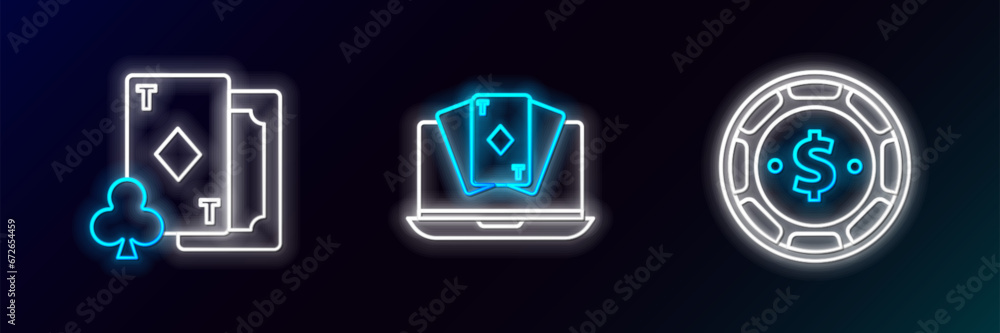 Set line Casino chip with dollar, Playing card diamonds and Online poker table game icon. Glowing neon. Vector