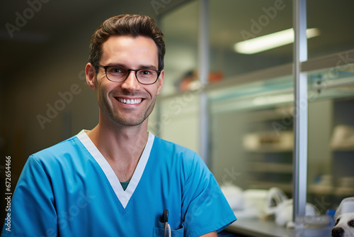 Confident Male Veterinarian with a Welcoming Smile in Clinic Environment