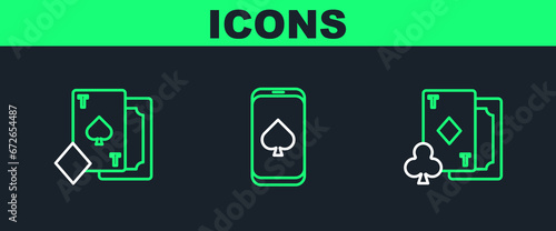 Set line Playing card with diamonds, spades and Online poker table game icon. Vector