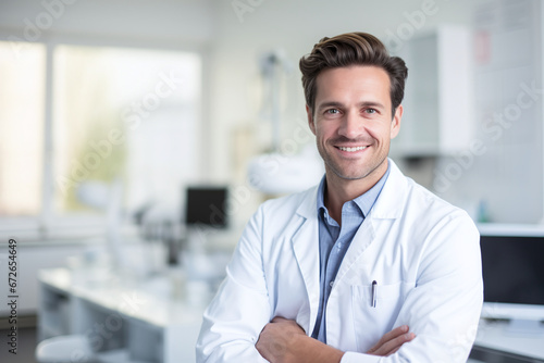 Confident Male Dentist with a Welcoming Smile in Modern Dental Clinic