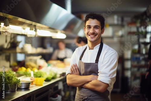 Portrait of a Cheerful Young Chef with Crossed Arms Standing in a Professional Kitchen photo