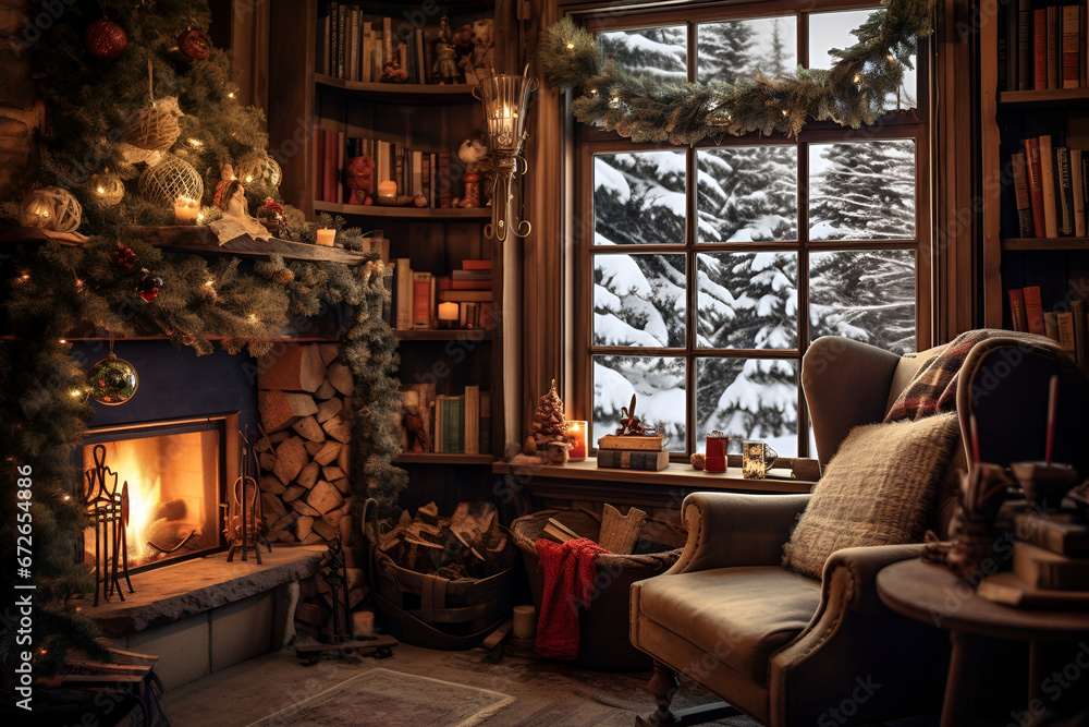 A warm and festive living room adorned for Christmas, complete with a fireplace