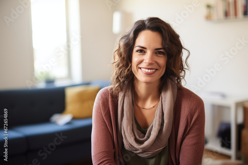 Radiant Young Woman Enjoying a Bright and Modern Living Space