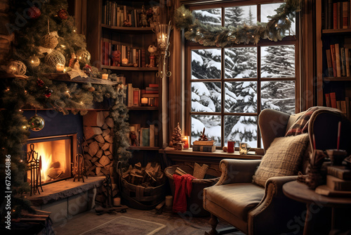 A warm and festive living room adorned for Christmas, complete with a fireplace © Alina