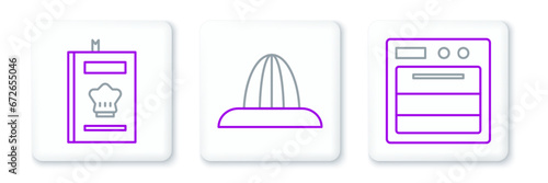Set line Oven, Cookbook and Citrus fruit juicer icon. Vector