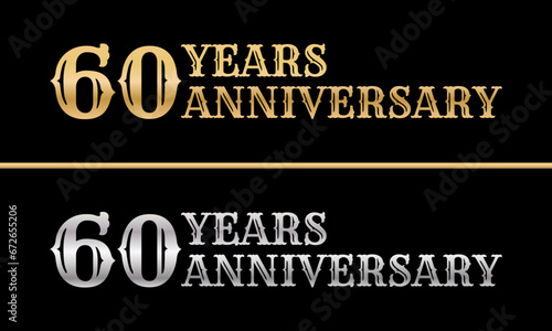 60 years logo. 60th anniversary celebration design. Birthday, invitation, jubilee golden and silver sign or symbol. Vector illustration.