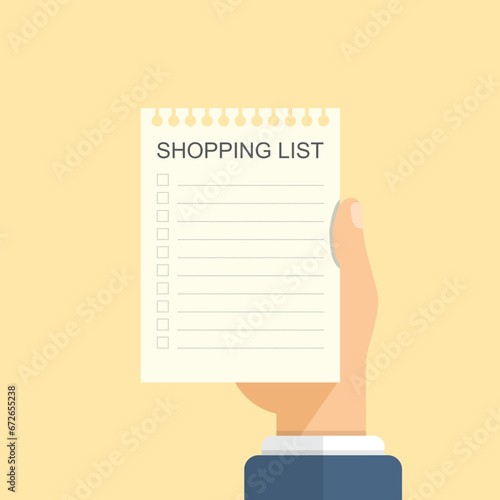 Shopping list in hand icon in flat style. Memo pages vector illustration on isolated background. Daily planner sign business concept.