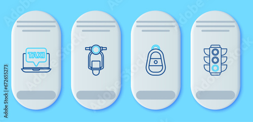Set line Scooter, Car key with remote, Laptop call taxi service and Traffic light icon. Vector