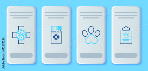 Set line Dog medicine bottle and pills, Paw print, Veterinary clinic symbol and Clipboard with medical clinical record pet icon. Vector
