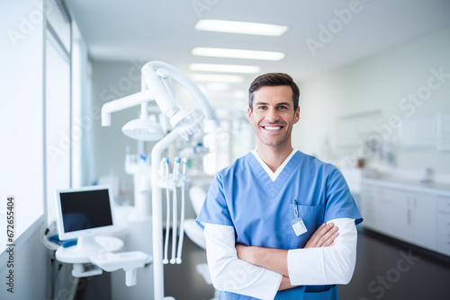 Confident Male Dentist with Welcoming Smile in Bright Modern Dental Clinic