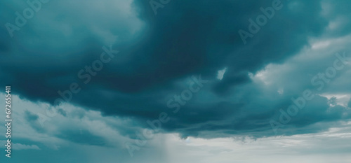 Cloudy blue sky background. Fluffy curly clouds, natural subdued light. AI generated.