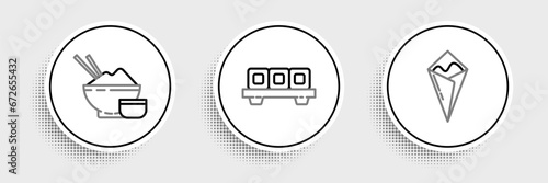 Set line Temaki roll, Rice in bowl with chopstick and Sushi on cutting board icon. Vector