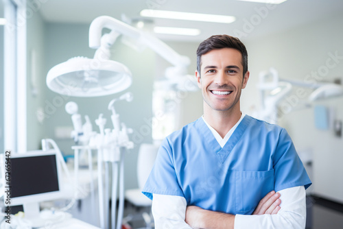 Confident Male Dentist with Welcoming Smile in Bright Modern Dental Clinic