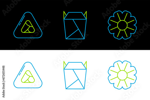 Set line Flower, Sushi and Rstaurant opened take out box filled icon. Vector