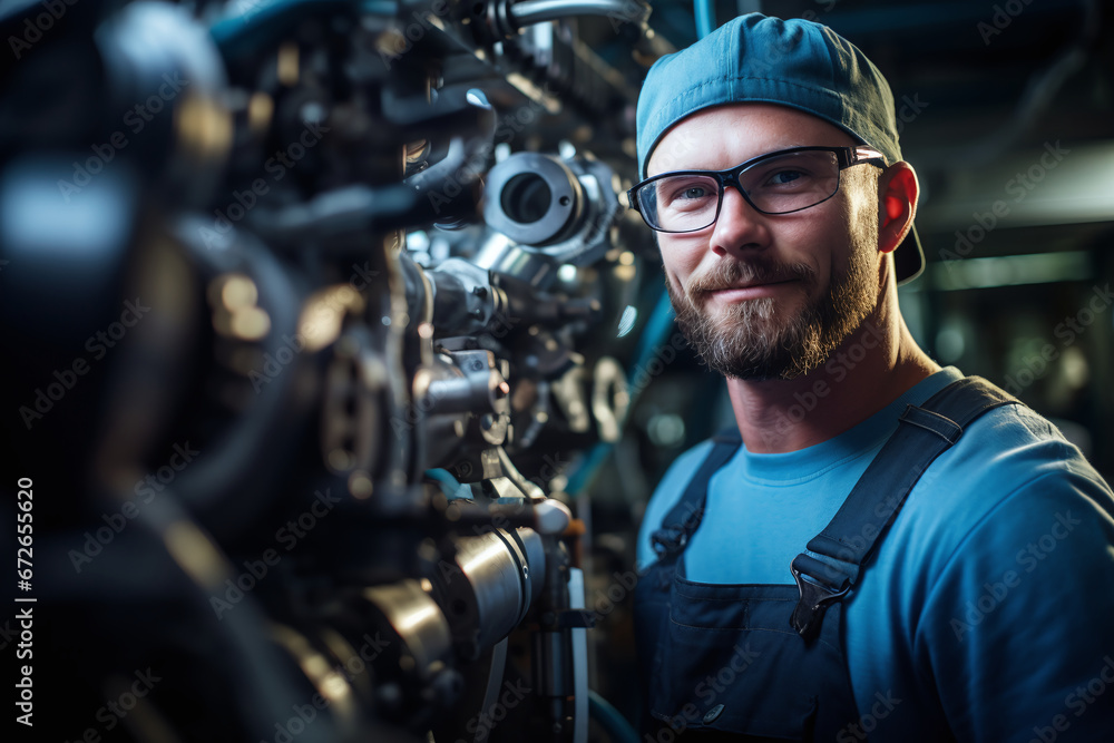 Skilled Mechanical Engineer Smiling Confidently in Industrial Workshop Environment Skilled Mechanical Engineer Smiling Confidently in Industrial Workshop Environment