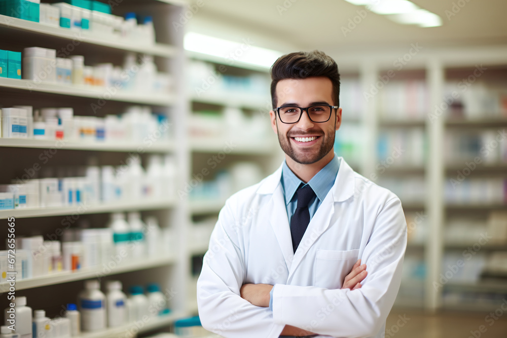 Professional Young Pharmacist With a Friendly Smile Standing in a Well-Stocked Pharmacy