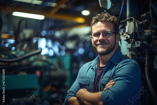 Skilled Mechanical Engineer Smiling Confidently in Industrial Workshop Environment