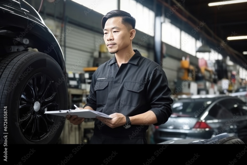 Male car mechanic of Asian appearance rechecks mechanism of machines at service station at workplace Male car mechanic of Asian appearance rechecks mechanism of machines at service station at workplace