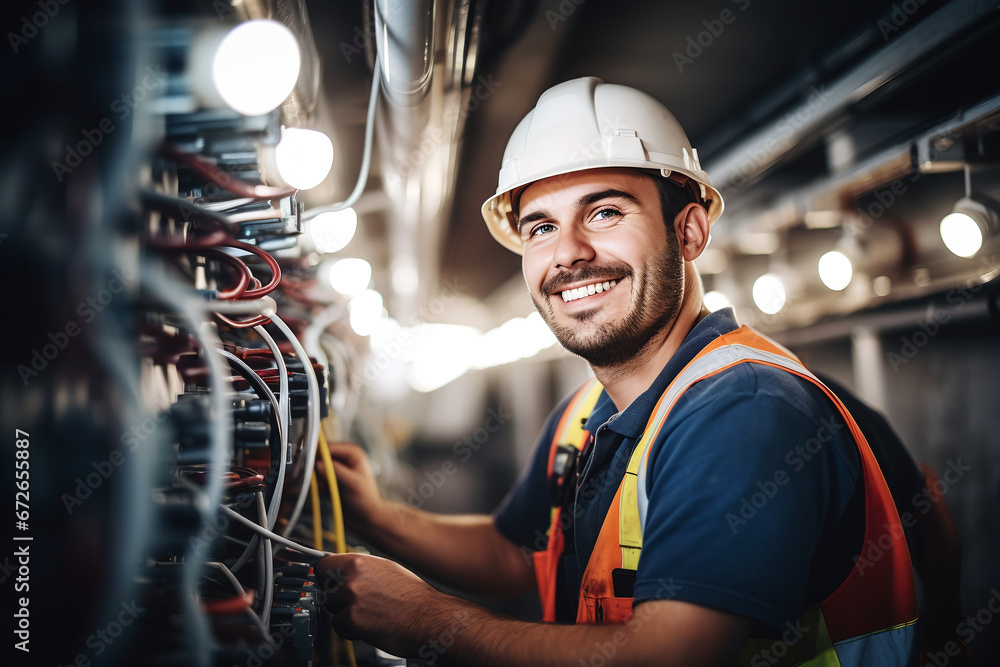 Smiling Professional Electrician Working on Electrical Installations in