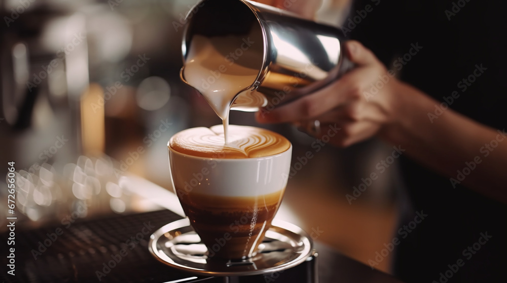 Barista Crafting a Perfect Latte Art in a Cozy Coffee Shop Ambiance Barista Crafting a Perfect Latte Art in a Cozy Coffee Shop Ambiance