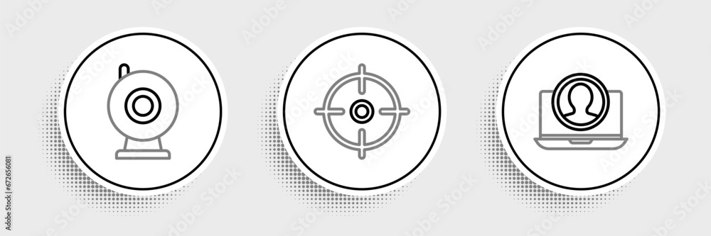 Set line Create account screen, Web camera and Target sport icon. Vector Set line Create account screen, Web camera and Target sport icon. Vector