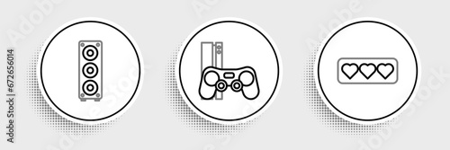 Set line Like and heart, Stereo speaker and Game console with joystick icon. Vector