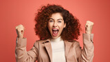  Photo of cheerful overjoyed funny woman raise fists in victory see big bargains in phone isolated on beige color background