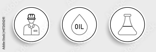 Set line Oil petrol test tube, Oilman and drop icon. Vector