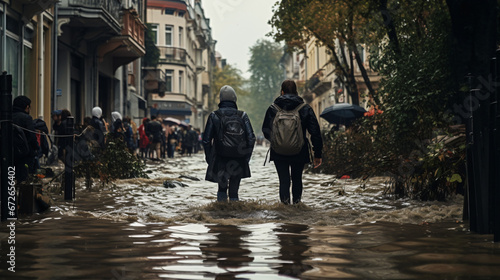 Storm Ciaran: people walking on flooded street after heavy storm photo