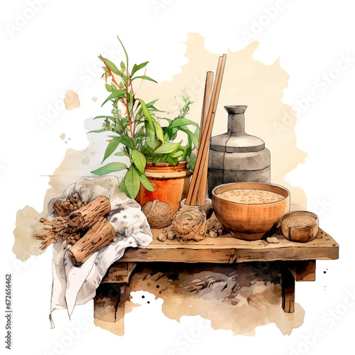 watercolor botanical illustration with plants Chinese medicine and cosmetics