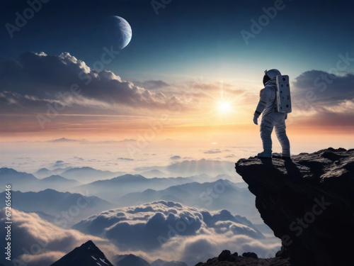 Silhouette of an astronaut in the mountains with misty clouds in the basin and the large strange planet with the sunset.  photo
