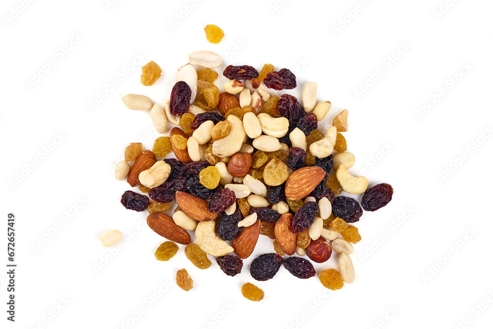 Healthy snack: mixed nuts and dried fruits, isolated on white background. Healthy snack: mixed nuts and dried fruits, isolated on white background.