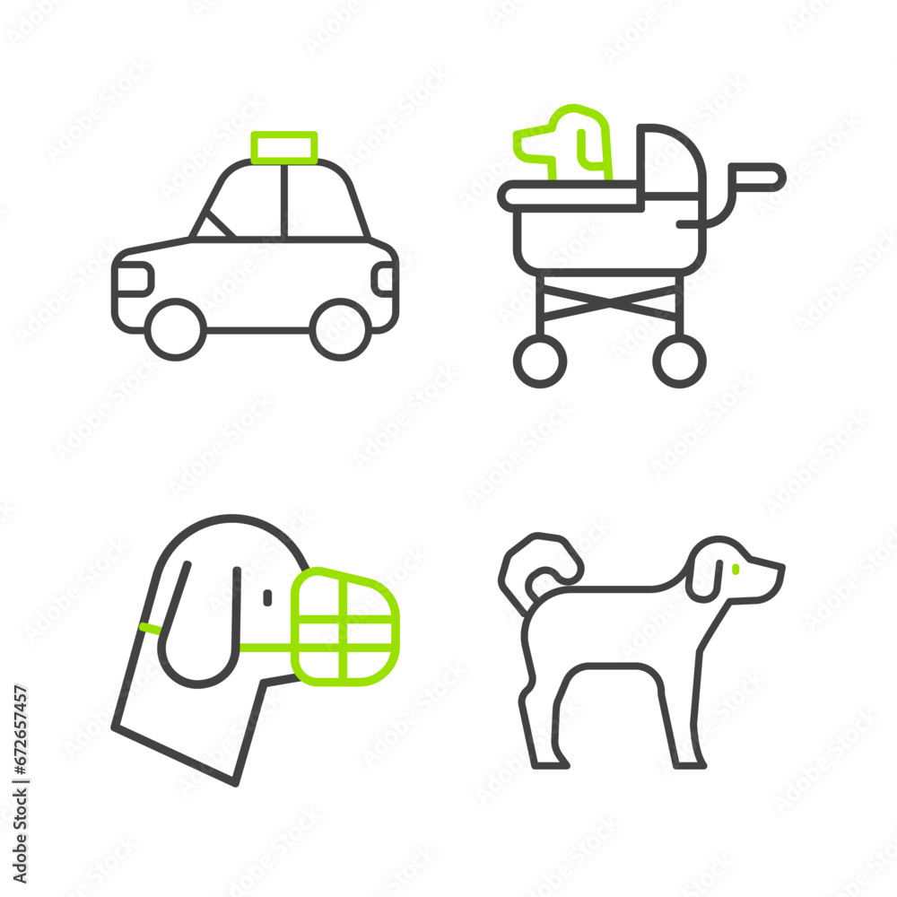 Set line Dog, in muzzle, Pet stroller and car taxi icon. Vector