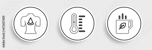 Set line Cup of tea and leaf, Massage with aroma oils and Sauna thermometer icon. Vector