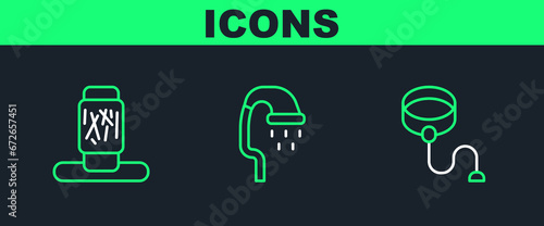 Set line Retractable cord leash, Cat scratching post and Pet shower icon. Vector