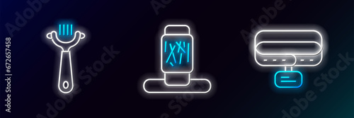 Set line Collar with name tag, Hair brush for dog and cat and Cat scratching post icon. Glowing neon. Vector