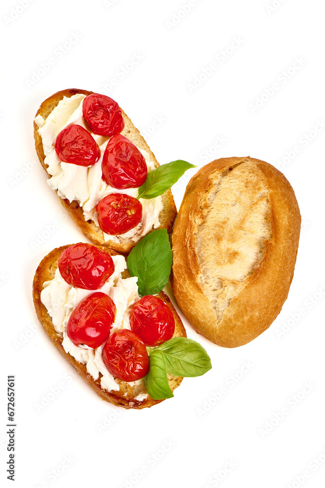 Crostini with cream cheese, isolated on white background. High resolution image. Crostini with cream cheese, isolated on white background. High resolution image.