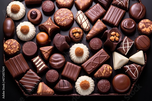 Decadent delights. Assorted chocolate collection for gourmet indulgence. Luxurious assortment. Fine confectionery for delightful