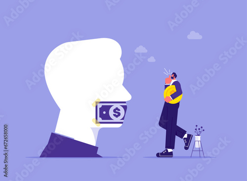 Cash money dollar banknote covering businessman mouth buying silence telling him to shut up. Lobbyist corruption concept. Flat vector illustration