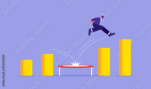 Businessman jump from trampoline back to the top, business challenge, revenue rebound and recover from economic crisis or earning and profit growth concept © treety