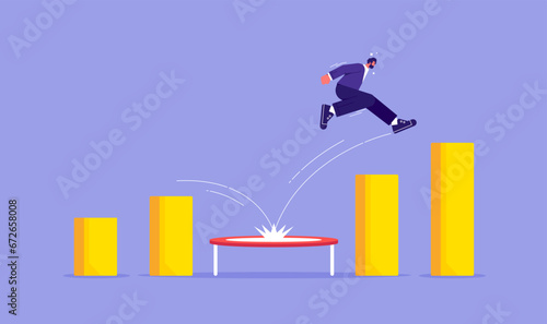 Businessman jump from trampoline back to the top, business challenge, revenue rebound and recover from economic crisis or earning and profit growth concept