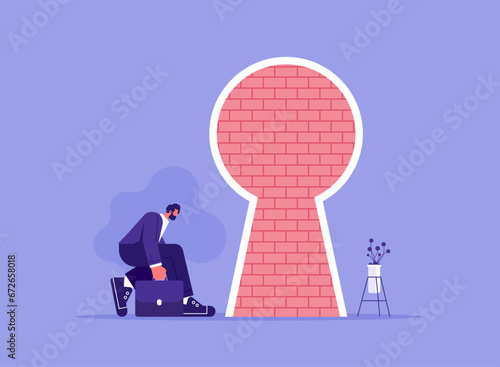 Obstacle and difficulty to overcome concept, business dead end, no way to exit or big mistake and wrong decision, businessman with door is blocking the way by a brick wall
