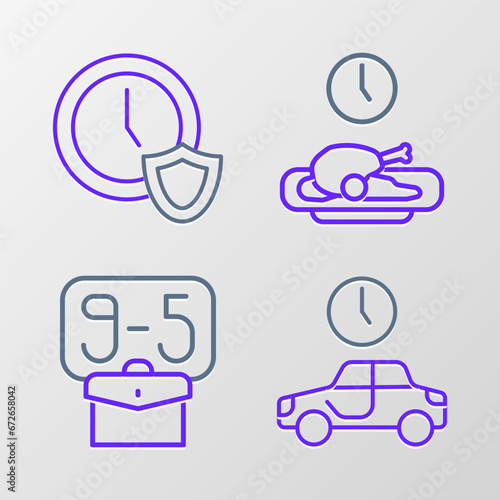 Set line Time to travel, From 9, Food time and Clock with shield icon. Vector