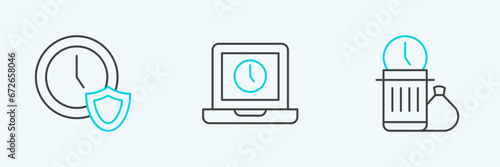 Set line Waste of time, Clock with shield and Laptop icon. Vector